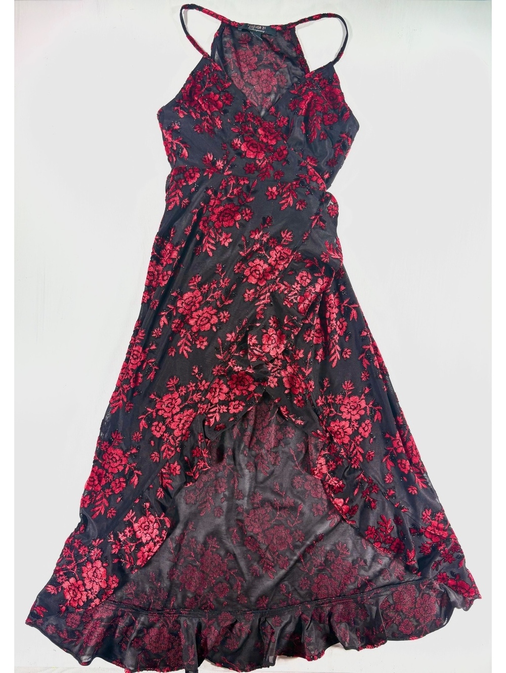 Forever 21 Black Red Floral Mesh Velvet Wrap Dress Sz S Festival Glam